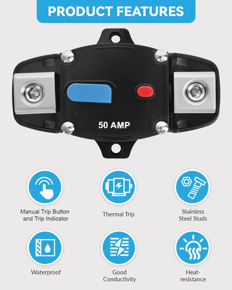 BULVACK 250 Amp Circuit Breaker 12-48 Volt DC 250A Self Recovery Resettable High Amp Circuit Breaker with Manual Reset Button for Automotive RV Marine Boat Car Audio and Amps Protection - Image 2